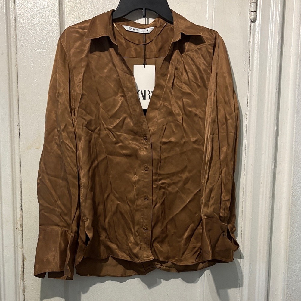 Zara Chocolate Brown Satin Button-Front Shirt
